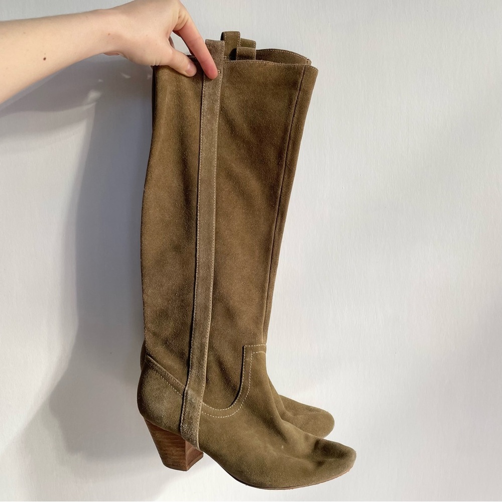 Joe’s Olive Green Suede Knee High Heeled Boots Leather Wood Heel Size 6.5